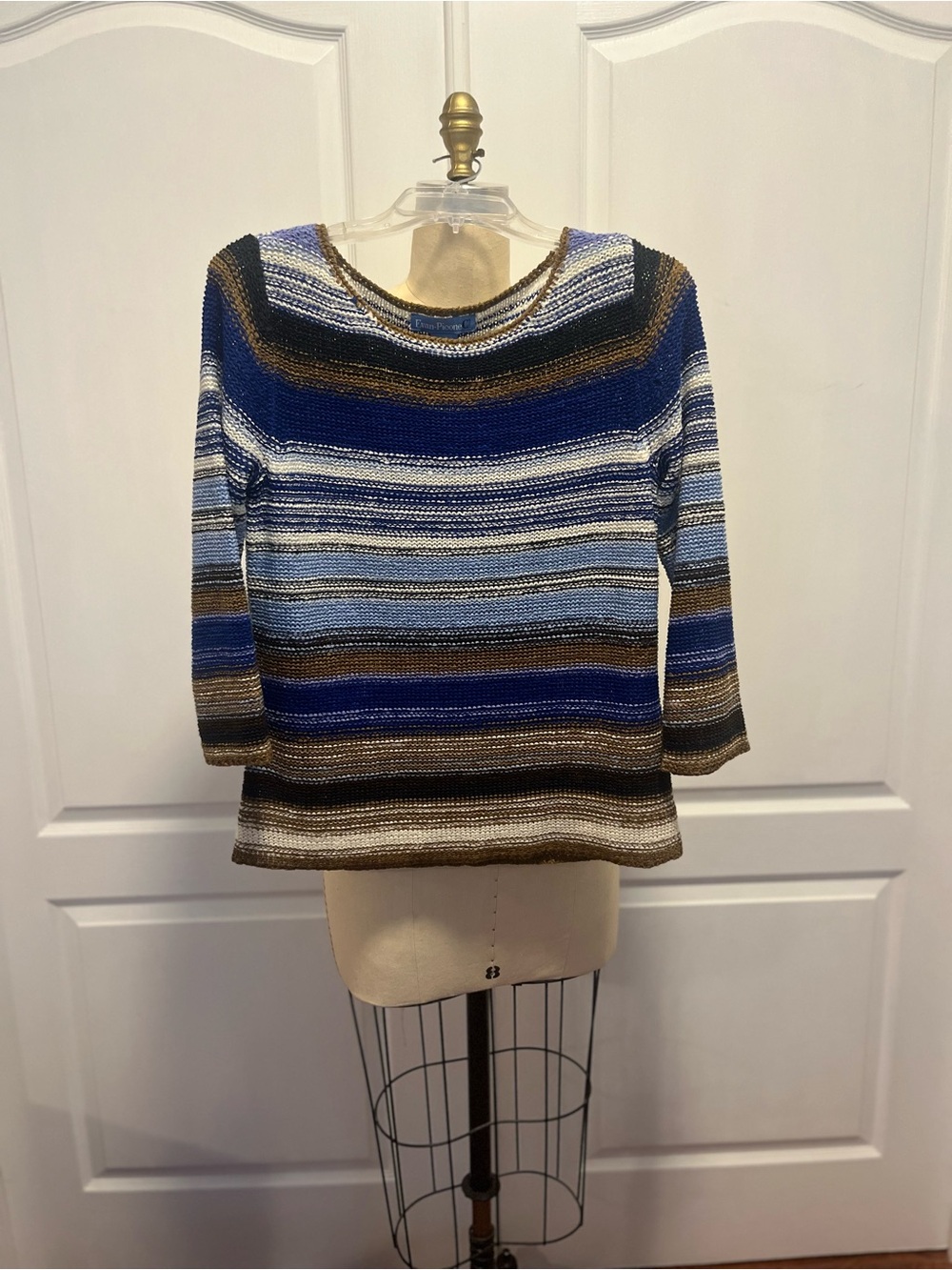 Evan Picone Striped Crewneck Sweater in Blue, Brown & Cream